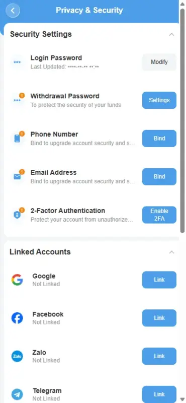 Privacy & Security trên 8Xbet di động Màn hình Privacy & Security bảo mật tài khoản 8Xbet: Login Password, Withdrawal Password, Bind, Enable 2FA
