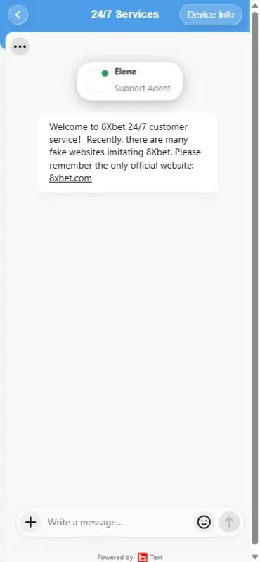 Chat CSKH 24/7 kênh 1 Cửa sổ chat 24/7 Services kênh 1 của 8Xbet với lời chào cảnh báo website giả và nút Device Info