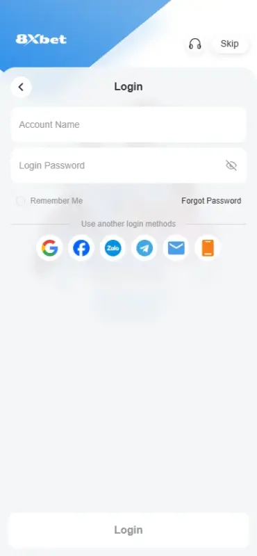 Form đăng nhập 8Xbet trên mobile Form đăng nhập 8Xbet trên điện thoại với ô Account Name, Login Password và nút Login