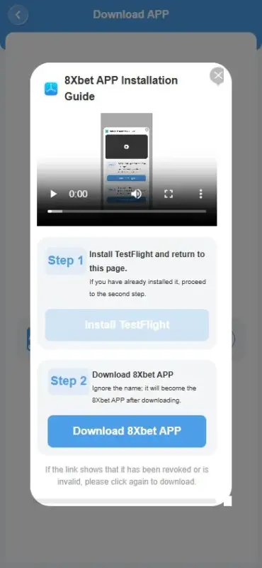 Hướng dẫn cài 8Xbet trên iPhone qua TestFlight Hộp thoại 8Xbet APP Installation Guide hướng dẫn tải 8Xbet app cho iPhone qua TestFlight gồm Step 1 và Step 2