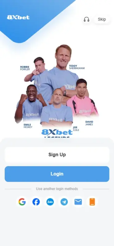 Màn hình đăng nhập 8Xbet trên di động Màn hình đăng nhập 8Xbet trên điện thoại với nút Sign Up, Login và sáu cách đăng nhập khác