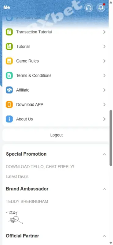 Mục Download APP trong menu Help Menu Help trong tab Me của 8Xbet trên điện thoại, có mục Download APP để tải 8Xbet app chính thức