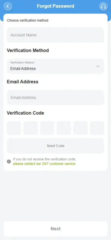 Forgot Password của 8Xbet Màn hình Forgot Password khi không đăng nhập được 8Xbet, mã 6 số và liên kết CSKH 24/7