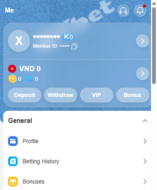 Tab Me sau khi đăng nhập Tab Me của tài khoản 8Xbet trên điện thoại sau khi đăng nhập, thông tin cá nhân đã được che