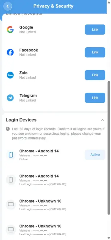 Login Devices trong Privacy & Security Danh sách Login Devices 30 ngày của 8Xbet với các dòng Chrome Android 14, địa chỉ IP đã được che