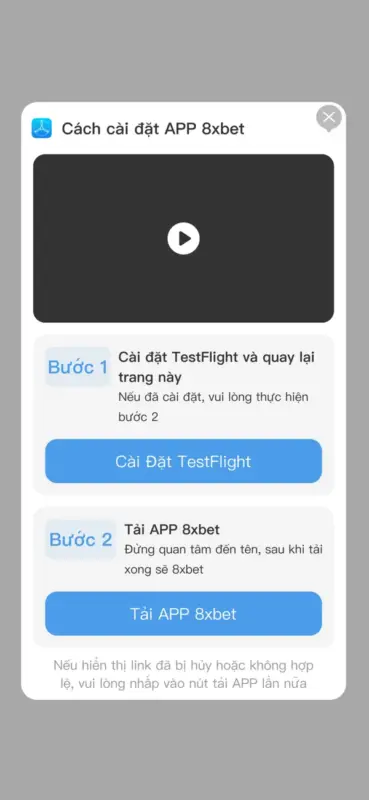 Hộp thoại cài đặt APP 8xbet trên iPhone Hộp thoại Cách cài đặt APP 8xbet trên iPhone với Bước 1 Cài Đặt TestFlight và Bước 2 Tải APP 8xbet