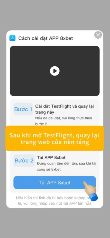 Bước 2: Tải APP 8xbet Quay lại trang web và chạm Tải APP 8xbet ở Bước 2 để cài 8Xbet iOS qua TestFlight