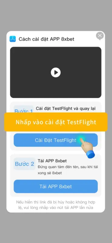 Nhấp vào cài đặt TestFlight Ngón tay chạm nút Cài Đặt TestFlight trong hộp thoại cài app 8Xbet iPhone, chú thích Nhấp vào cài đặt TestFlight