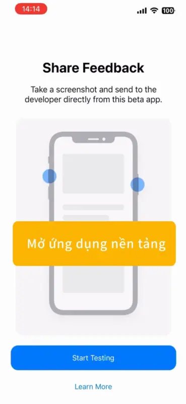 Share Feedback và Start Testing Màn hình Share Feedback của TestFlight với nút Start Testing khi mở app 8Xbet iPhone lần đầu