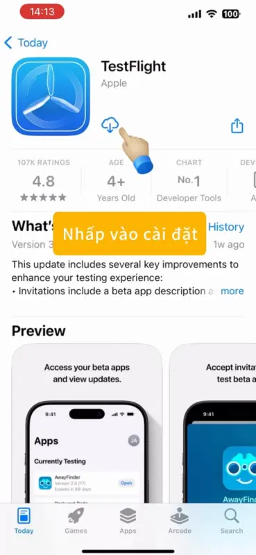 TestFlight của Apple trên App Store Trang TestFlight của Apple trên App Store với nút tải đám mây, chú thích Nhấp vào cài đặt